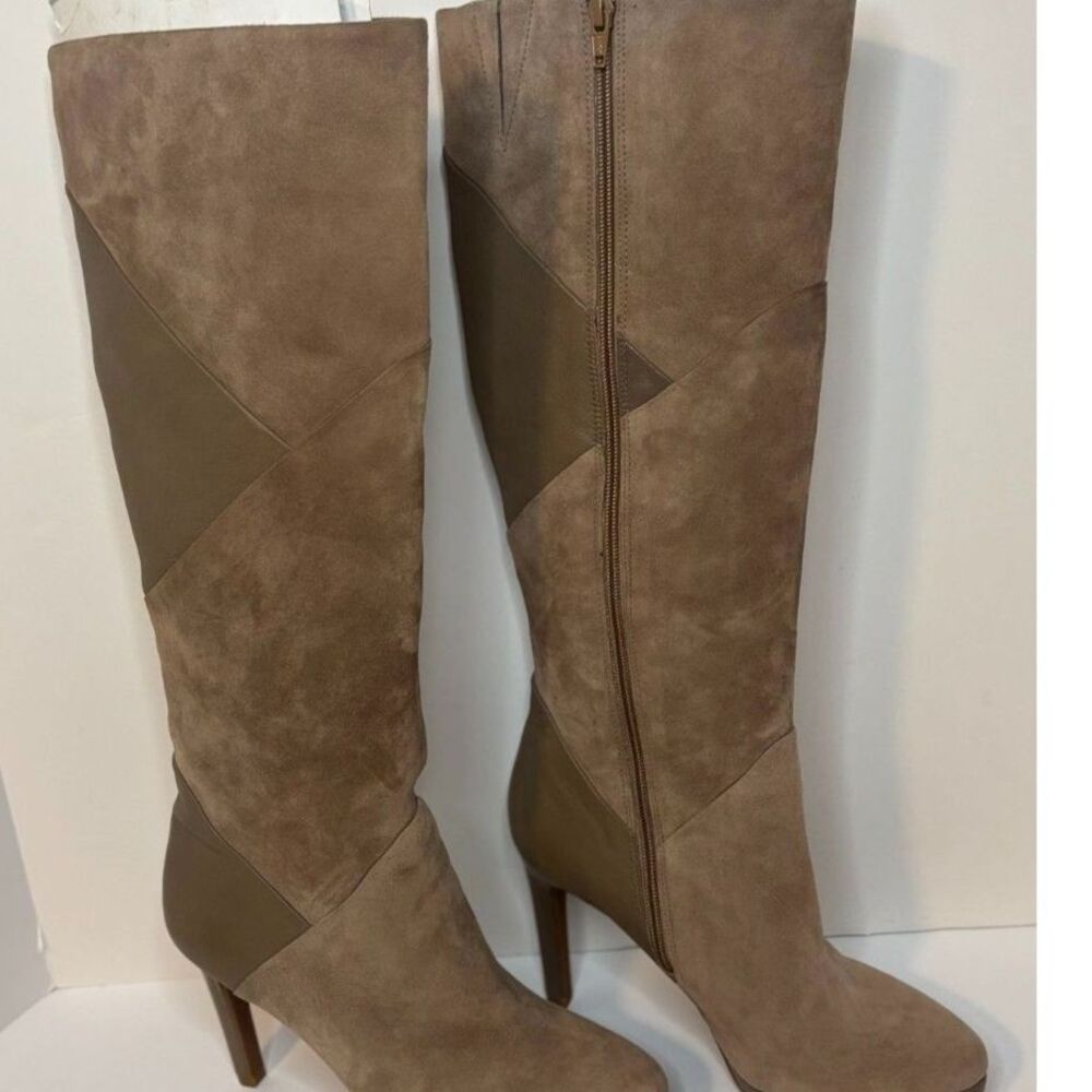 Antonio Melani Wide Calf Knee High Boots Taupe Suede Leather Patchwork Heel 8.5